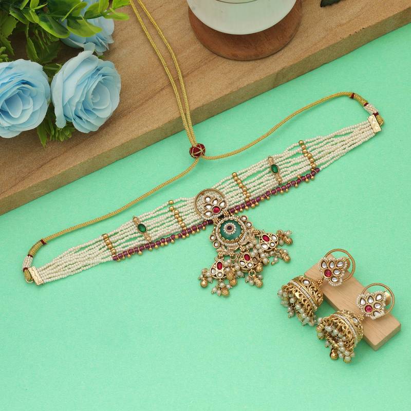 Rama green color choker matte gold necklace set