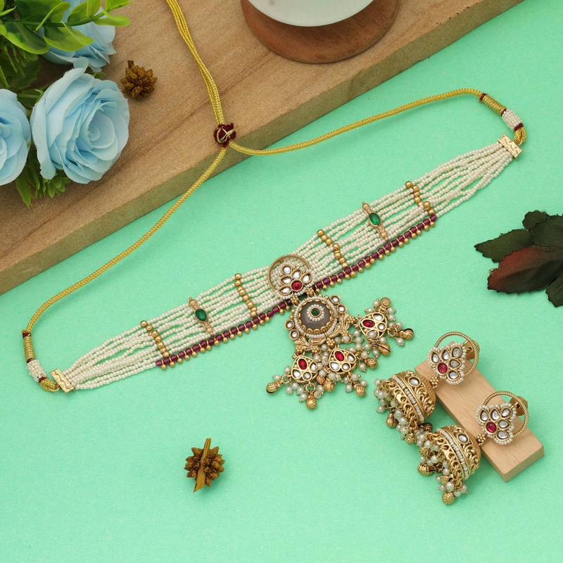 Light pink color choker matte gold necklace set