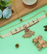 maroon stone kundan matte gold alloy necklace set