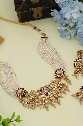 Rani & green color choker matte gold necklace set