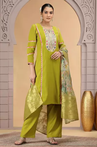 Green chiffon a - line kurta set with pant & dupatta