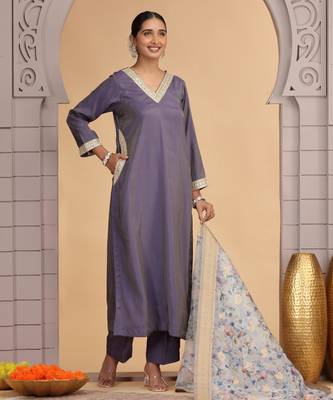 Purple chiffon a - line kurta set with pant & dupatta 2