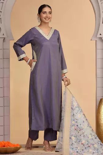 Purple chiffon a - line kurta set with pant & dupatta