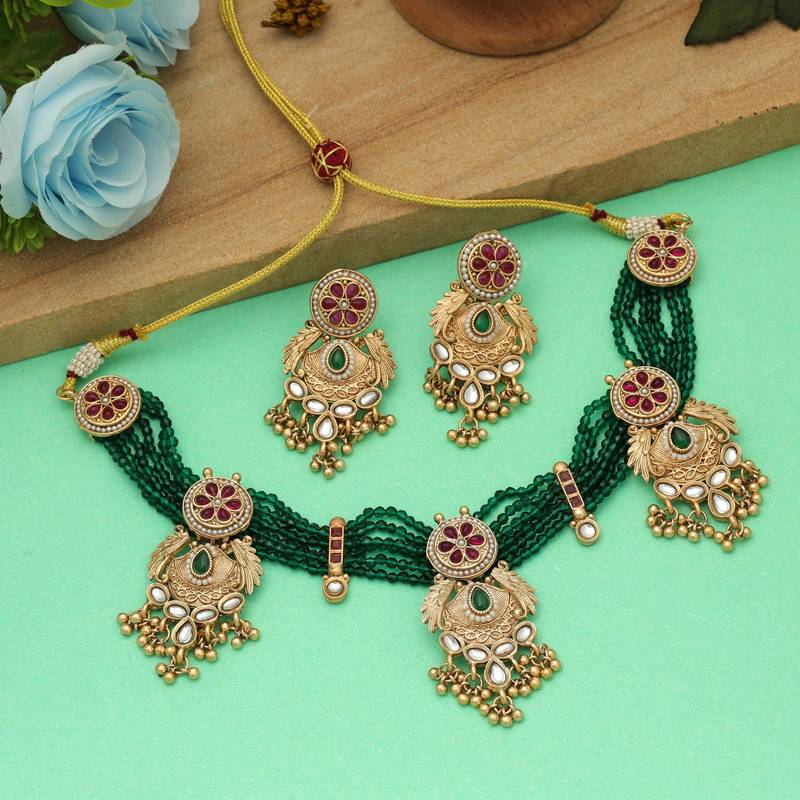 Rani & green color choker matte gold necklace set