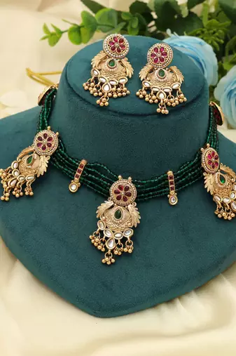 rani green kundan matte gold alloy necklace set