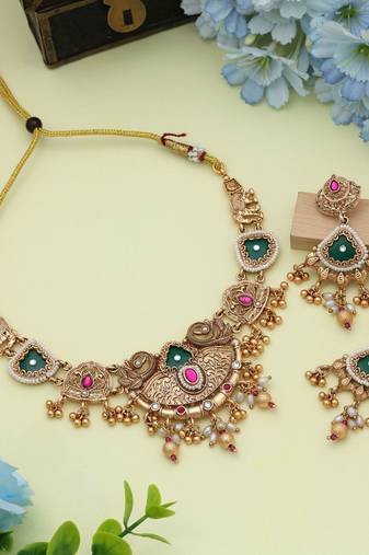 Rani & green color matte gold necklace set