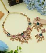 rani green matte gold alloy kundan ghungroo necklace set