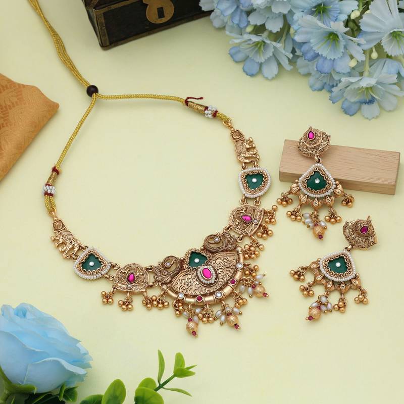 Rani & green color matte gold necklace set