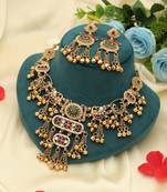 multicolor matte gold alloy kundan ghungroo necklace set