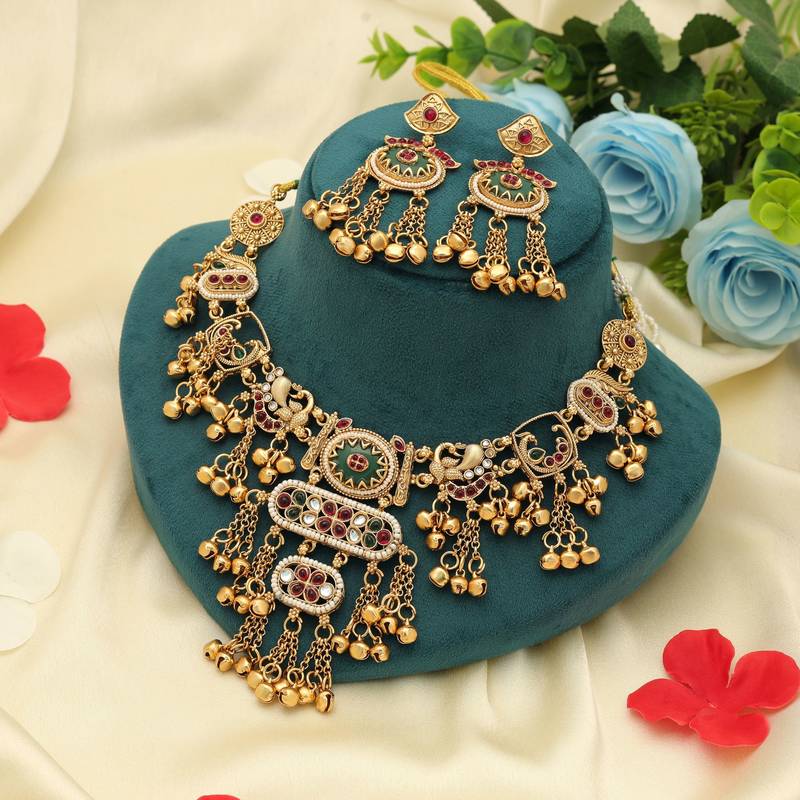 Rani & green color matte gold necklace set