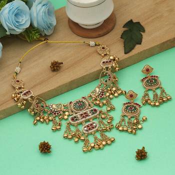 multicolor matte gold alloy kundan ghungroo necklace set 2