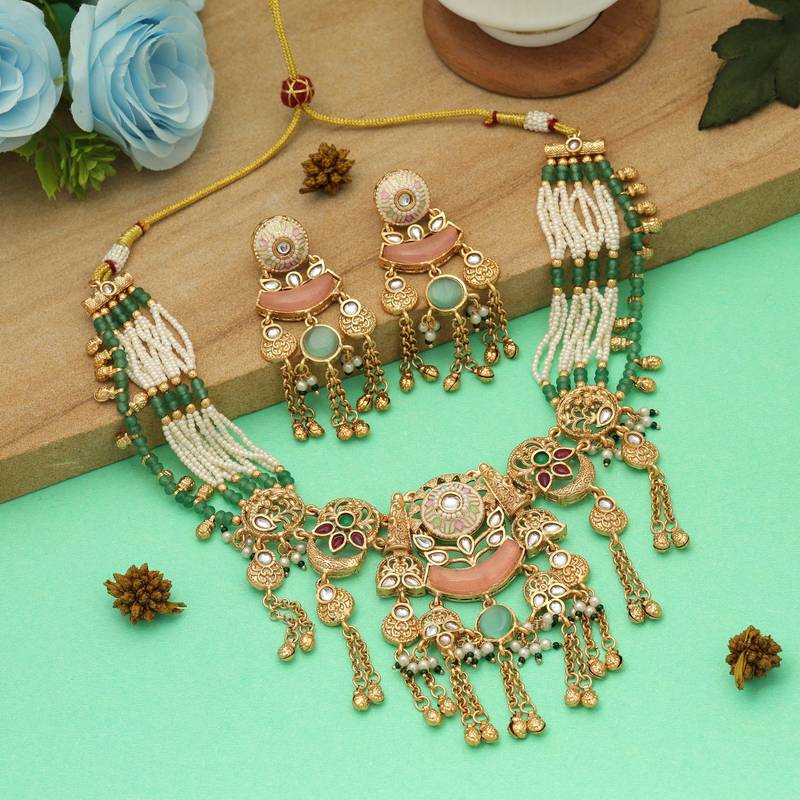 Multi color matte gold necklace set