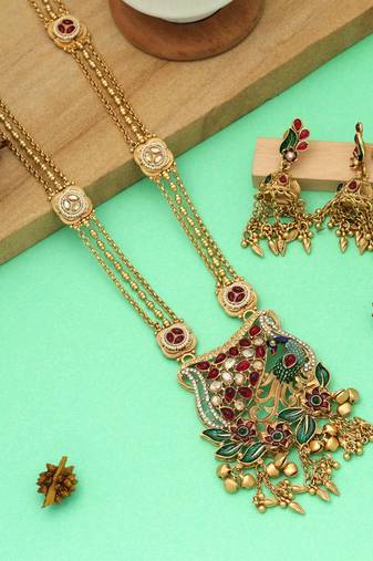 Multi color meena work matte gold necklace set