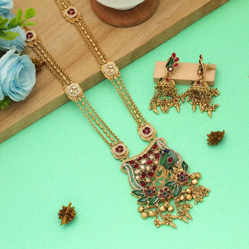 Multi color meena work matte gold necklace set