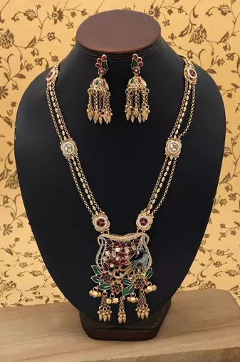 multi color meena kundan matte gold necklace set