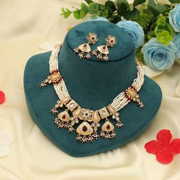 rani beaded matte gold kundan necklace set 1
