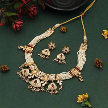 rani beaded matte gold kundan necklace set 2