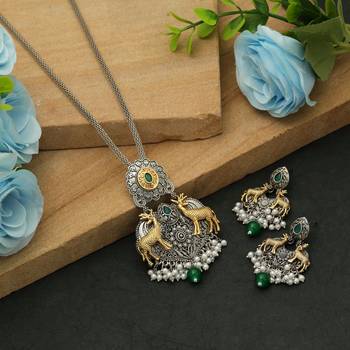green dual tone oxidised deer motif necklace set 1