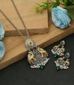 green dual tone oxidised deer motif necklace set
