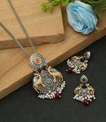 maroon dual tone oxidised deer motif necklace set