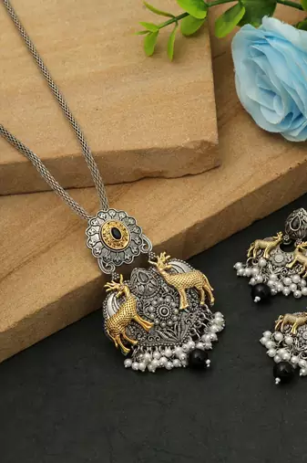 Black color dual tone oxidised necklace set