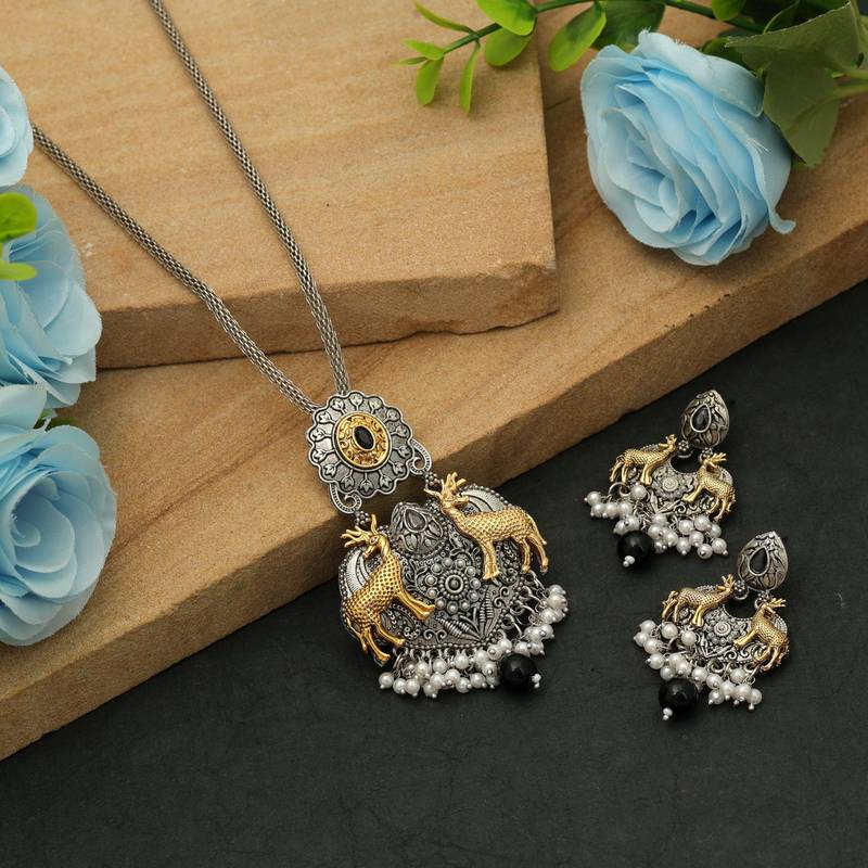 Black color dual tone oxidised necklace set