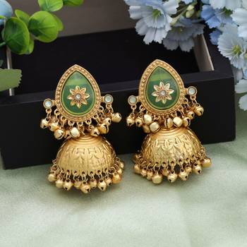 pista green stone gold plated kashmiri jhumka earrings 1