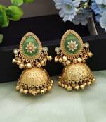 pista green stone gold plated kashmiri jhumka earrings
