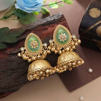 pista green stone gold plated kashmiri jhumka earrings 2
