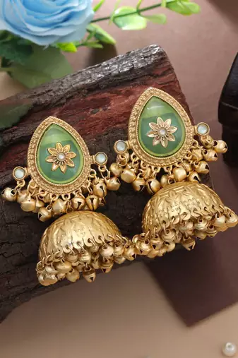 pista green stone gold plated kashmiri jhumka earrings
