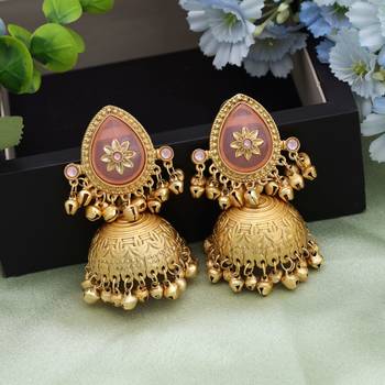 blush pink stone gold plated kashmiri jhumka earrings 1