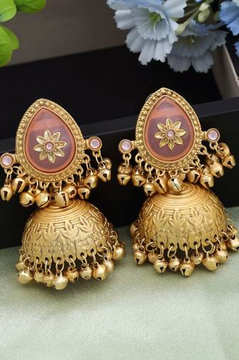 Pink color big size jhumka kasmiri earrings