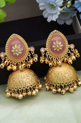 Pink color big size jhumka kasmiri earrings
