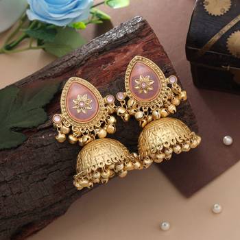 blush pink stone gold plated kashmiri jhumka earrings 2