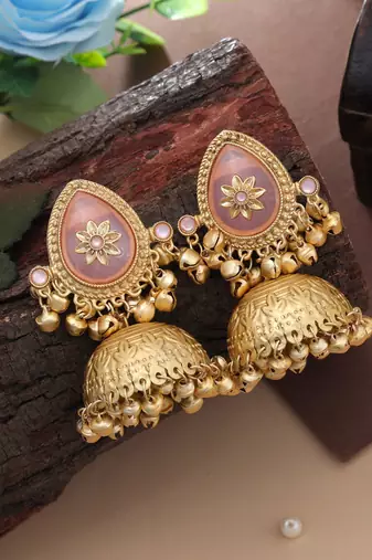 blush pink stone gold plated kashmiri jhumka earrings