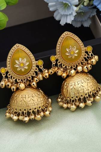 Yellow color big size jhumka kasmiri earrings