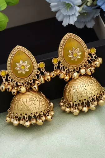 Yellow color big size jhumka kasmiri earrings