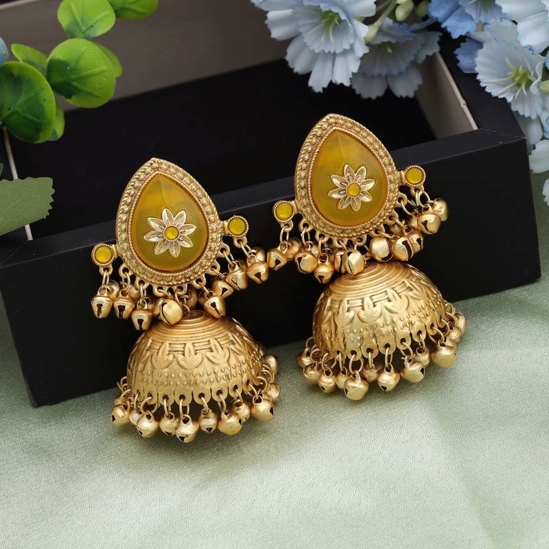 Yellow color big size jhumka kasmiri earrings