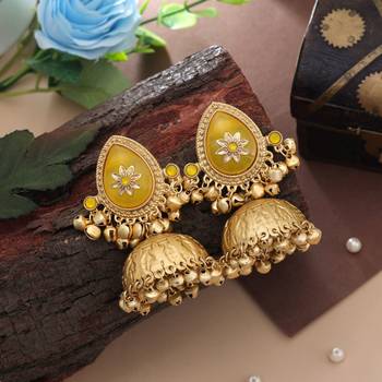 mustard stone gold plated kashmiri jhumka earrings 2