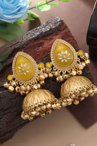 mustard stone gold plated kashmiri jhumka earrings