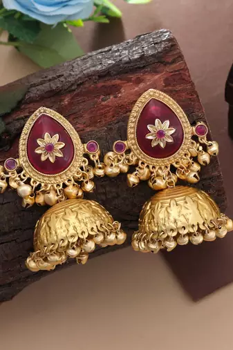 maroon stone gold plated kashmiri jhumka earrings
