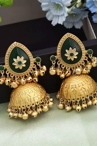 Green color big size jhumka kasmiri earrings