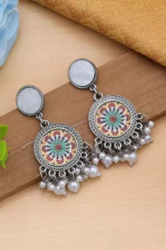 pastel multicolor mandala oxidised beaded dangle earrings