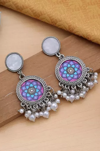 purple mandala oxidised beaded dangle earrings
