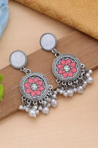 orange oxidised floral dangle earrings with beads