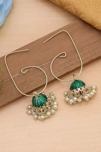 green meenakari beaded jhumki hoop earrings