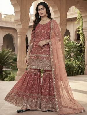 rust silk embroidered sharara suit with dupatta 1
