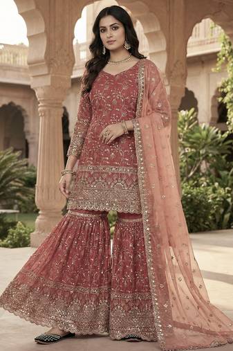 Orange embroidery  fandy silk full stitched sharara palazzo