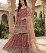 rust silk embroidered sharara suit with dupatta
