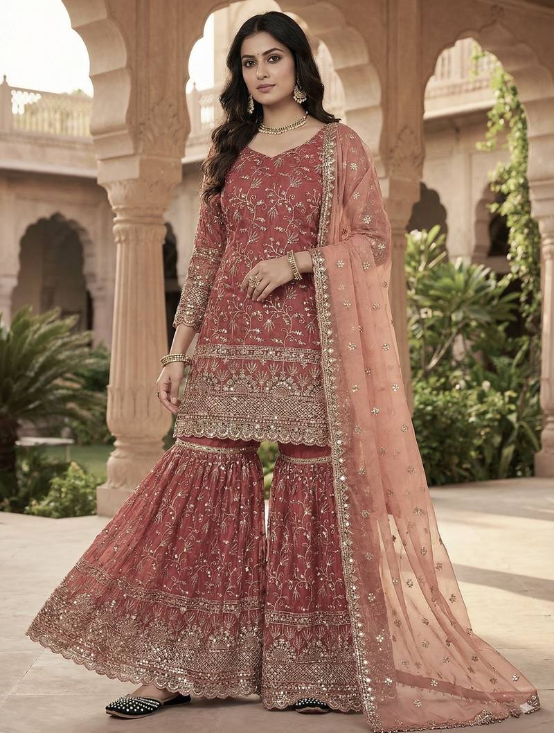 Orange embroidery  fandy silk full stitched sharara palazzo
